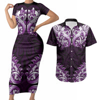 New Zealand Ta Moko Couples Matching Short Sleeve Bodycon Dress and Hawaiian Shirt Aotearoa Maori Chest Tattoo Purple LT14 Purple - Polynesian Pride
