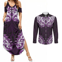 New Zealand Ta Moko Couples Matching Summer Maxi Dress and Long Sleeve Button Shirt Aotearoa Maori Chest Tattoo Purple LT14 Purple - Polynesian Pride