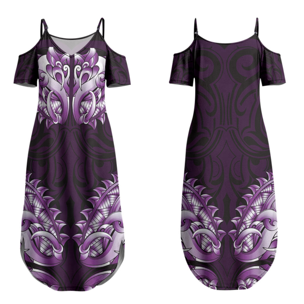 New Zealand Ta Moko Couples Matching Summer Maxi Dress and Long Sleeve Button Shirt Aotearoa Maori Chest Tattoo Purple LT14 - Polynesian Pride