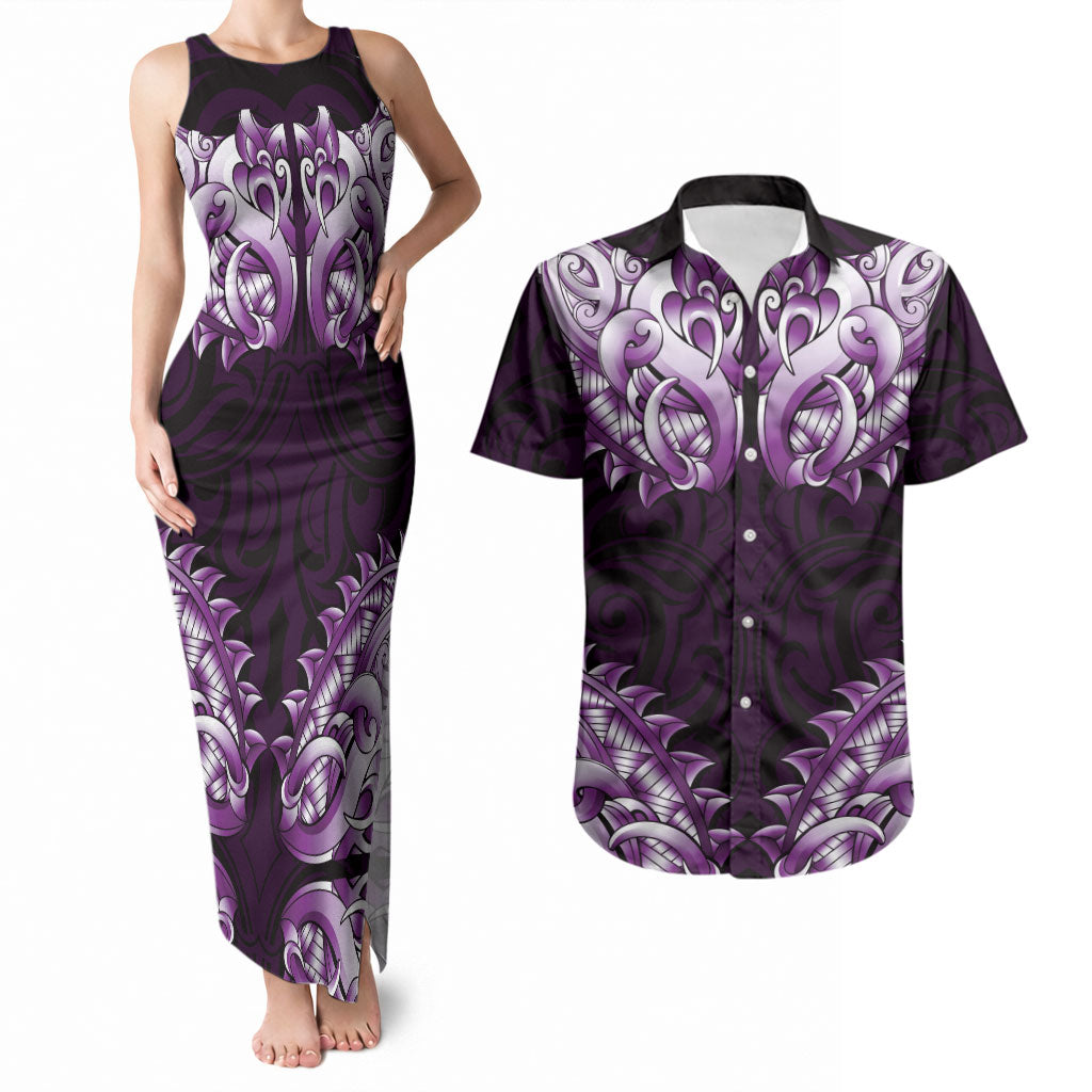 New Zealand Ta Moko Couples Matching Tank Maxi Dress and Hawaiian Shirt Aotearoa Maori Chest Tattoo Purple LT14 Purple - Polynesian Pride