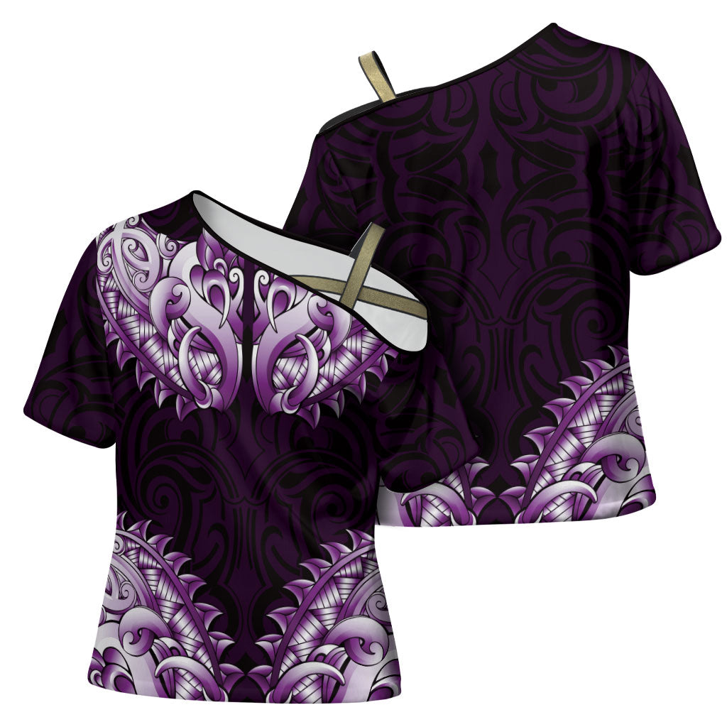 New Zealand Ta Moko Cross Shoulder Shirt Aotearoa Maori Chest Tattoo Purple LT14 - Polynesian Pride