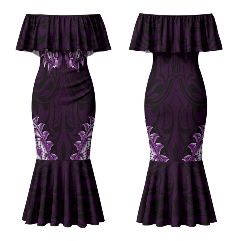 New Zealand Ta Moko Family Matching Mermaid Dress and Hawaiian Shirt Aotearoa Maori Chest Tattoo Purple LT14 Mom's Dress Purple - Polynesian Pride