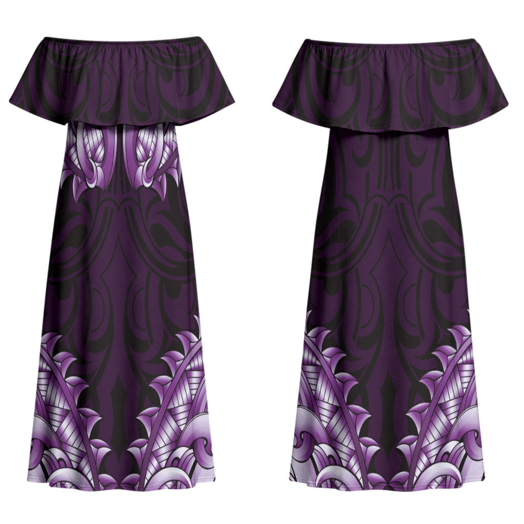 New Zealand Ta Moko Family Matching Off Shoulder Maxi Dress and Hawaiian Shirt Aotearoa Maori Chest Tattoo Purple LT14 Mom's Dress Purple - Polynesian Pride