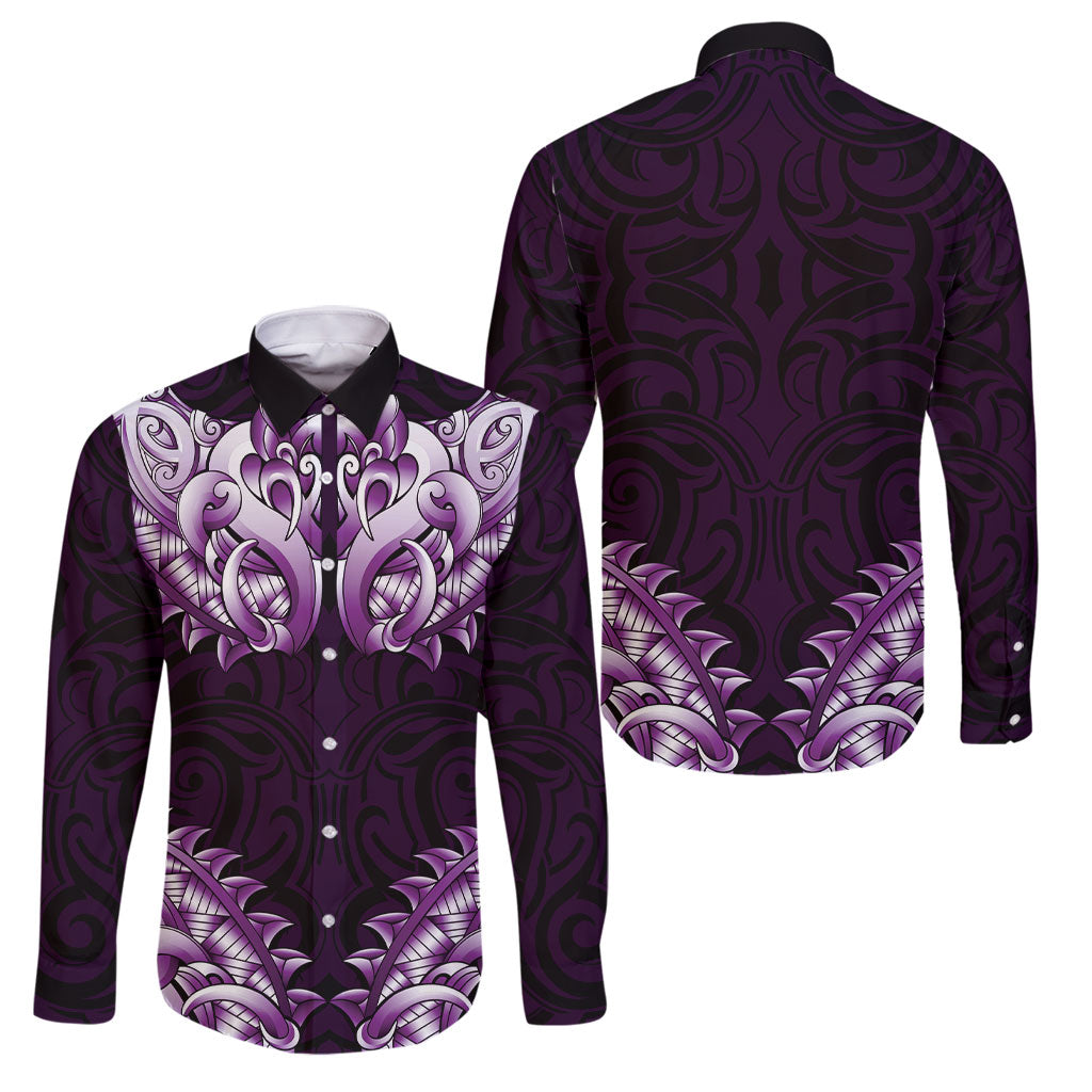 New Zealand Ta Moko Family Matching Off Shoulder Maxi Dress and Hawaiian Shirt Aotearoa Maori Chest Tattoo Purple LT14 Dad's Shirt - Long Sleeve Purple - Polynesian Pride