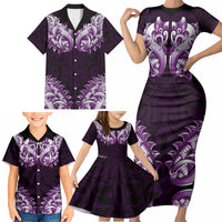 New Zealand Ta Moko Family Matching Short Sleeve Bodycon Dress and Hawaiian Shirt Aotearoa Maori Chest Tattoo Purple LT14 - Polynesian Pride