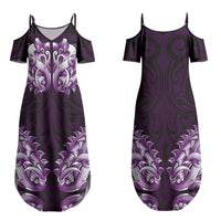 New Zealand Ta Moko Family Matching Summer Maxi Dress and Hawaiian Shirt Aotearoa Maori Chest Tattoo Purple LT14 Mom's Dress Purple - Polynesian Pride