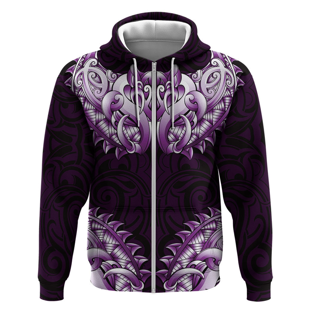 New Zealand Ta Moko Hoodie Aotearoa Maori Chest Tattoo Purple LT14 Zip Hoodie Purple - Polynesian Pride