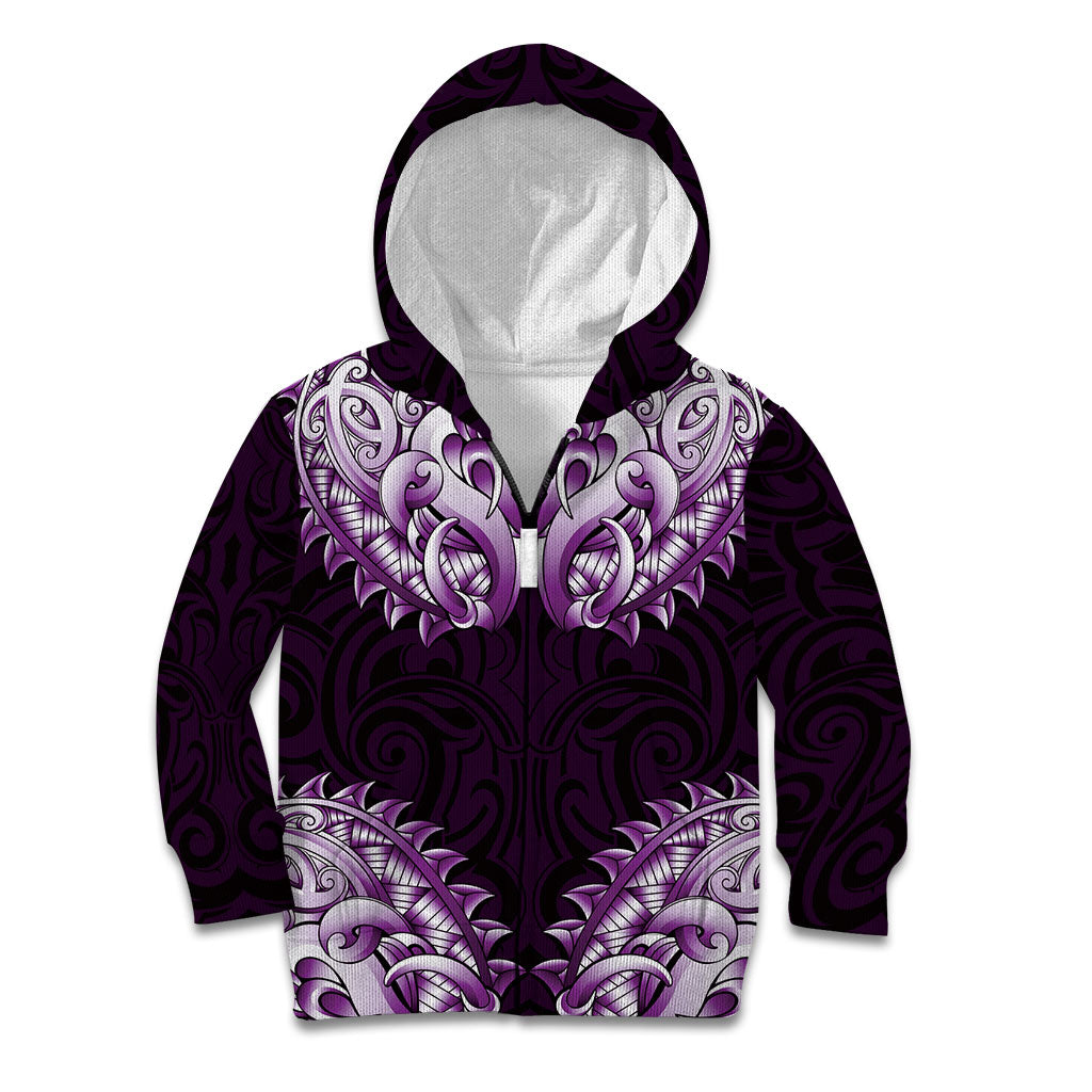 New Zealand Ta Moko Kid Hoodie Aotearoa Maori Chest Tattoo Purple LT14 Zip Hoodie Purple - Polynesian Pride