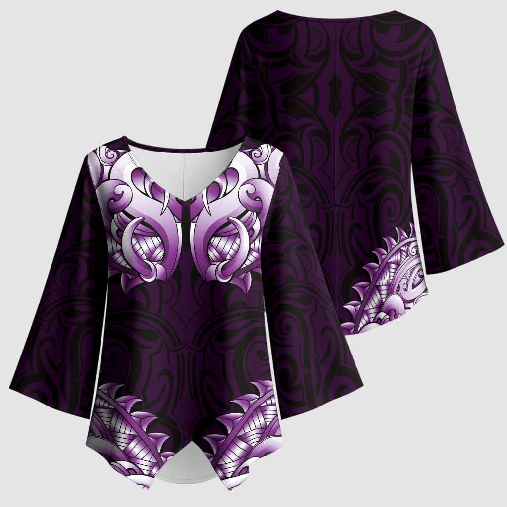 New Zealand Ta Moko Kimono Sleeve Blouse Aotearoa Maori Chest Tattoo Purple LT14 - Polynesian Pride