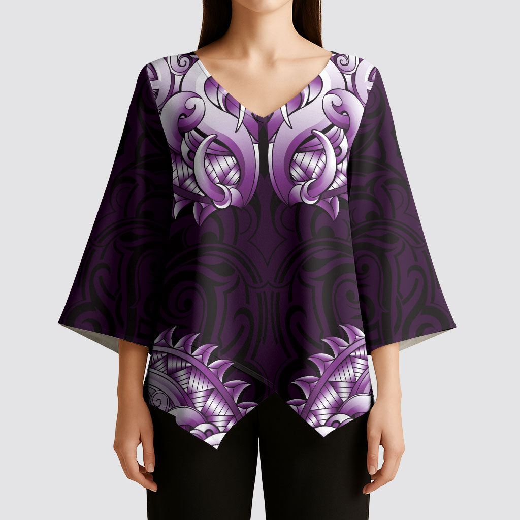 New Zealand Ta Moko Kimono Sleeve Blouse Aotearoa Maori Chest Tattoo Purple LT14 - Polynesian Pride