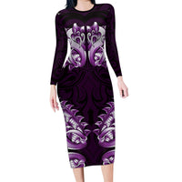New Zealand Ta Moko Long Sleeve Bodycon Dress Aotearoa Maori Chest Tattoo Purple LT14 Long Dress Purple - Polynesian Pride
