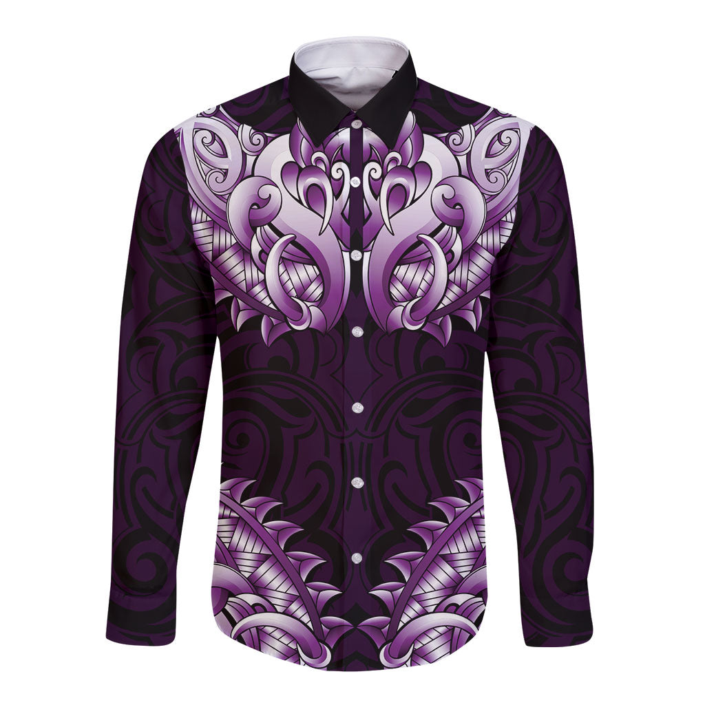 New Zealand Ta Moko Long Sleeve Button Shirt Aotearoa Maori Chest Tattoo Purple LT14 Unisex Purple - Polynesian Pride