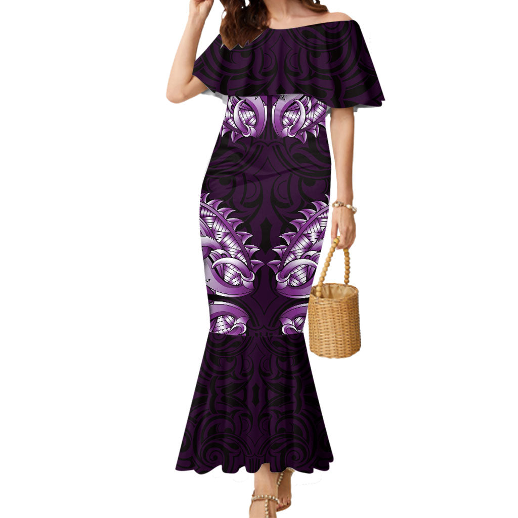 New Zealand Ta Moko Mermaid Dress Aotearoa Maori Chest Tattoo Purple LT14 Women Purple - Polynesian Pride