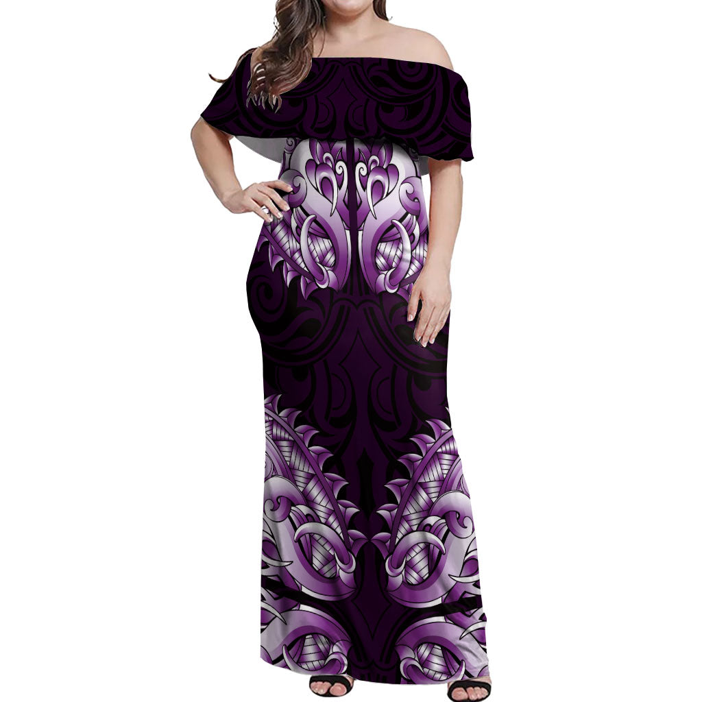 New Zealand Ta Moko Off Shoulder Maxi Dress Aotearoa Maori Chest Tattoo Purple LT14 Women Purple - Polynesian Pride