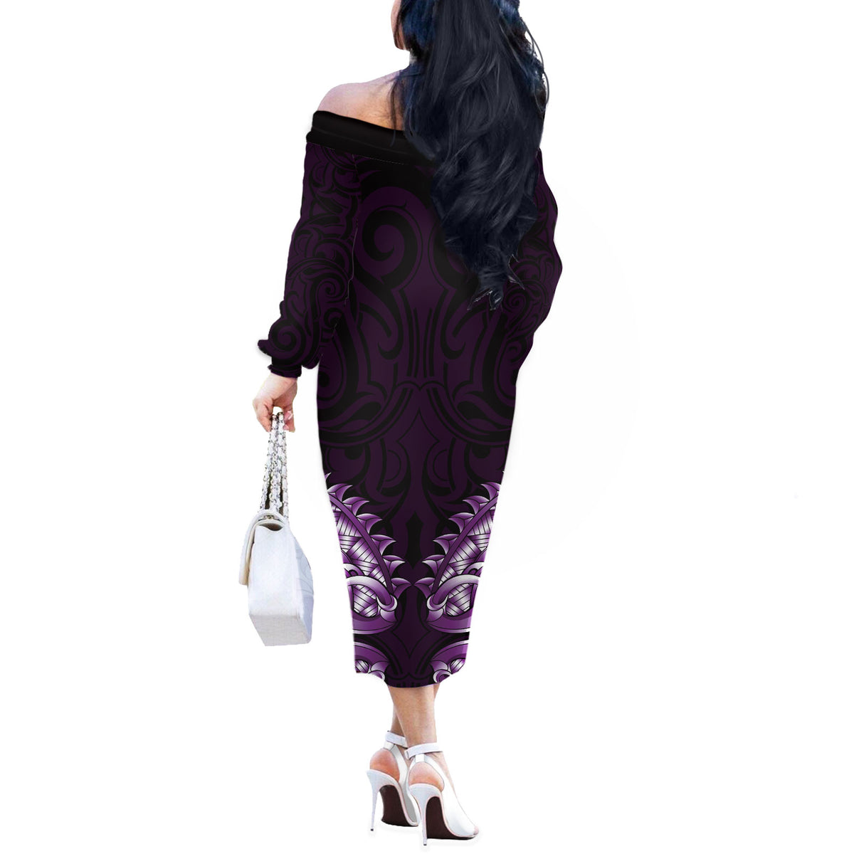New Zealand Ta Moko Off The Shoulder Long Sleeve Dress Aotearoa Maori Chest Tattoo Purple LT14 - Polynesian Pride