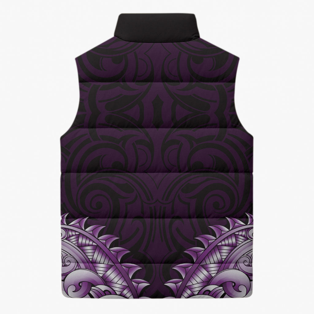 New Zealand Ta Moko Sleeveless Puffer Jacket Aotearoa Maori Chest Tattoo Purple LT14 - Polynesian Pride
