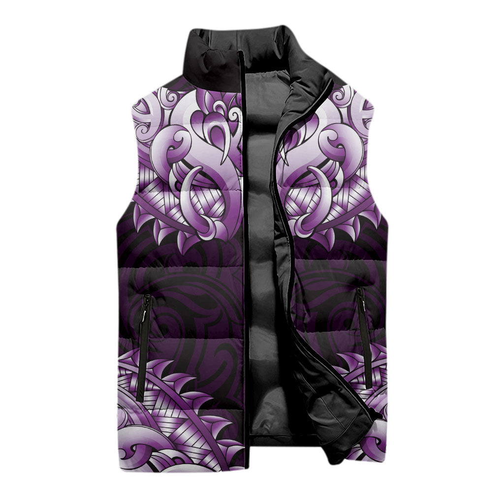 New Zealand Ta Moko Sleeveless Puffer Jacket Aotearoa Maori Chest Tattoo Purple LT14 - Polynesian Pride