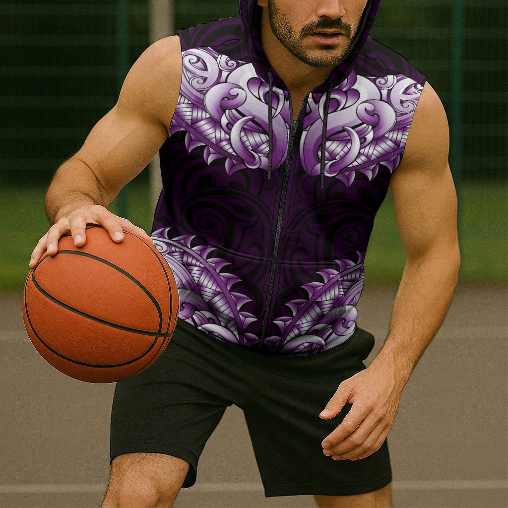 New Zealand Ta Moko Sleeveless Zip Hoodie Aotearoa Maori Chest Tattoo Purple LT14 - Polynesian Pride