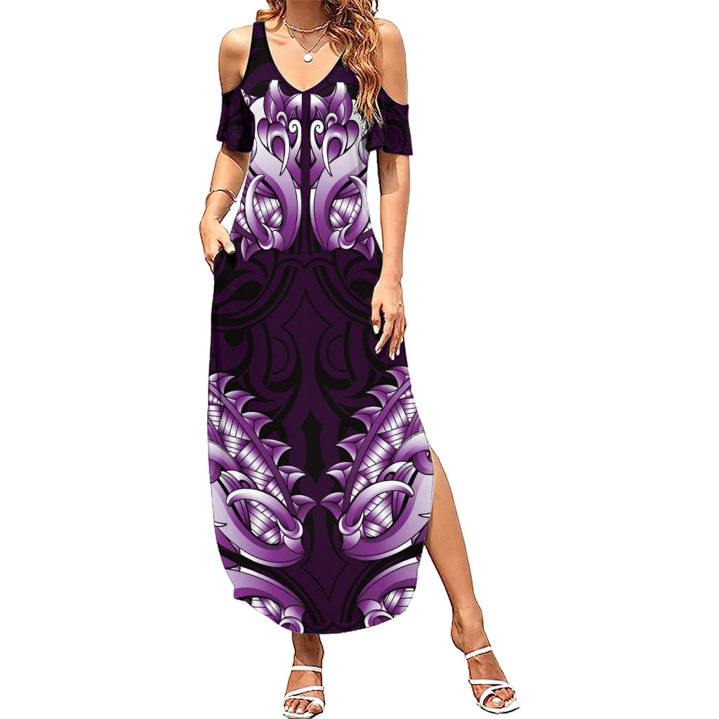 New Zealand Ta Moko Summer Maxi Dress Aotearoa Maori Chest Tattoo Purple LT14 Women Purple - Polynesian Pride