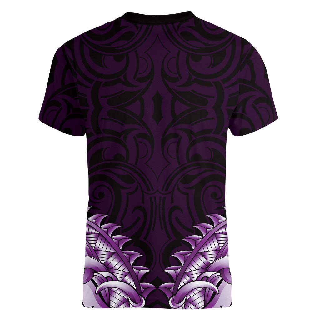 New Zealand Ta Moko Women V-Neck T-Shirt Aotearoa Maori Chest Tattoo Purple LT14 - Polynesian Pride
