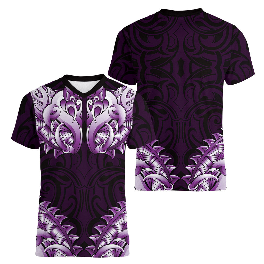 New Zealand Ta Moko Women V-Neck T-Shirt Aotearoa Maori Chest Tattoo Purple LT14 - Polynesian Pride