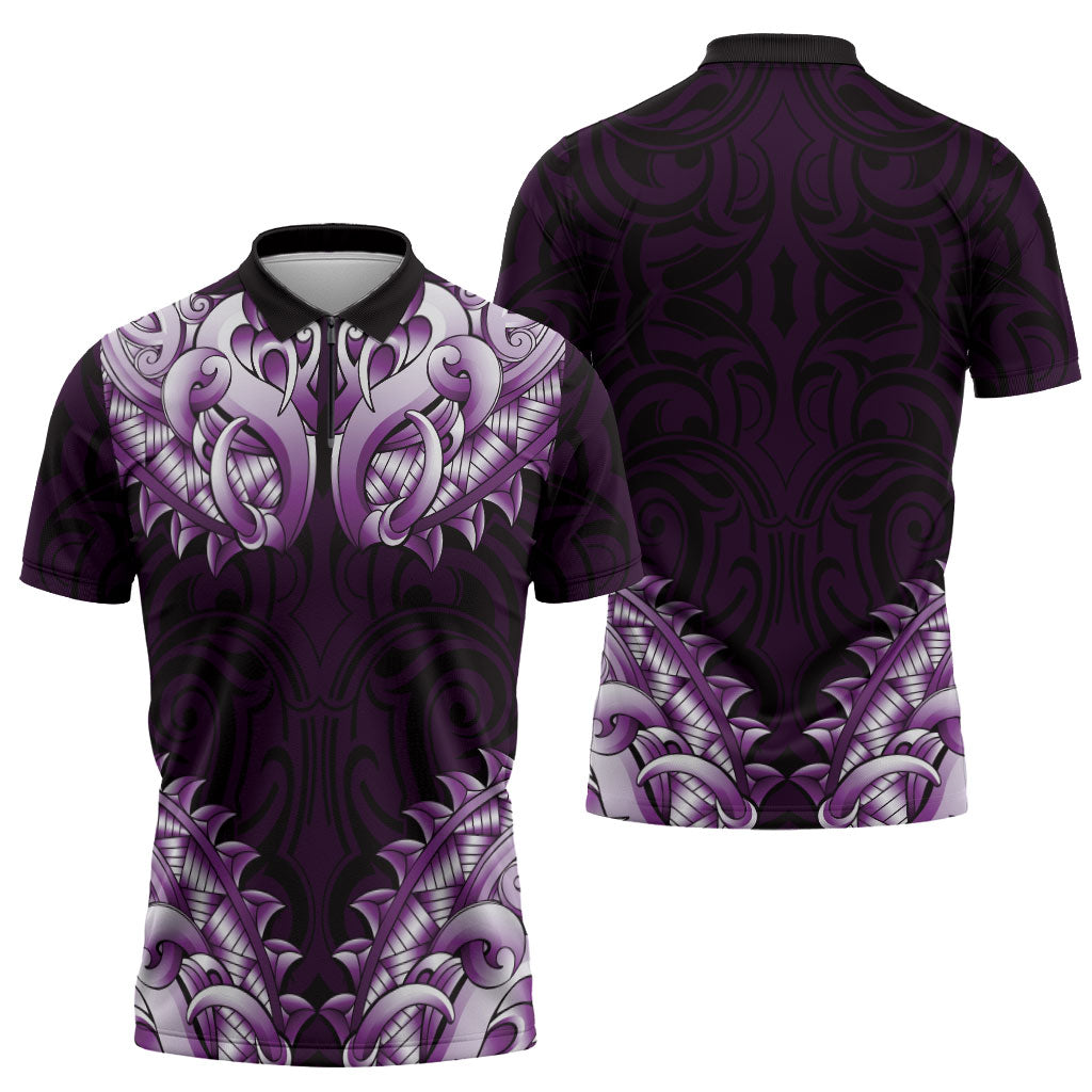 New Zealand Ta Moko Zipper Polo Shirt Aotearoa Maori Chest Tattoo Purple LT14 - Polynesian Pride