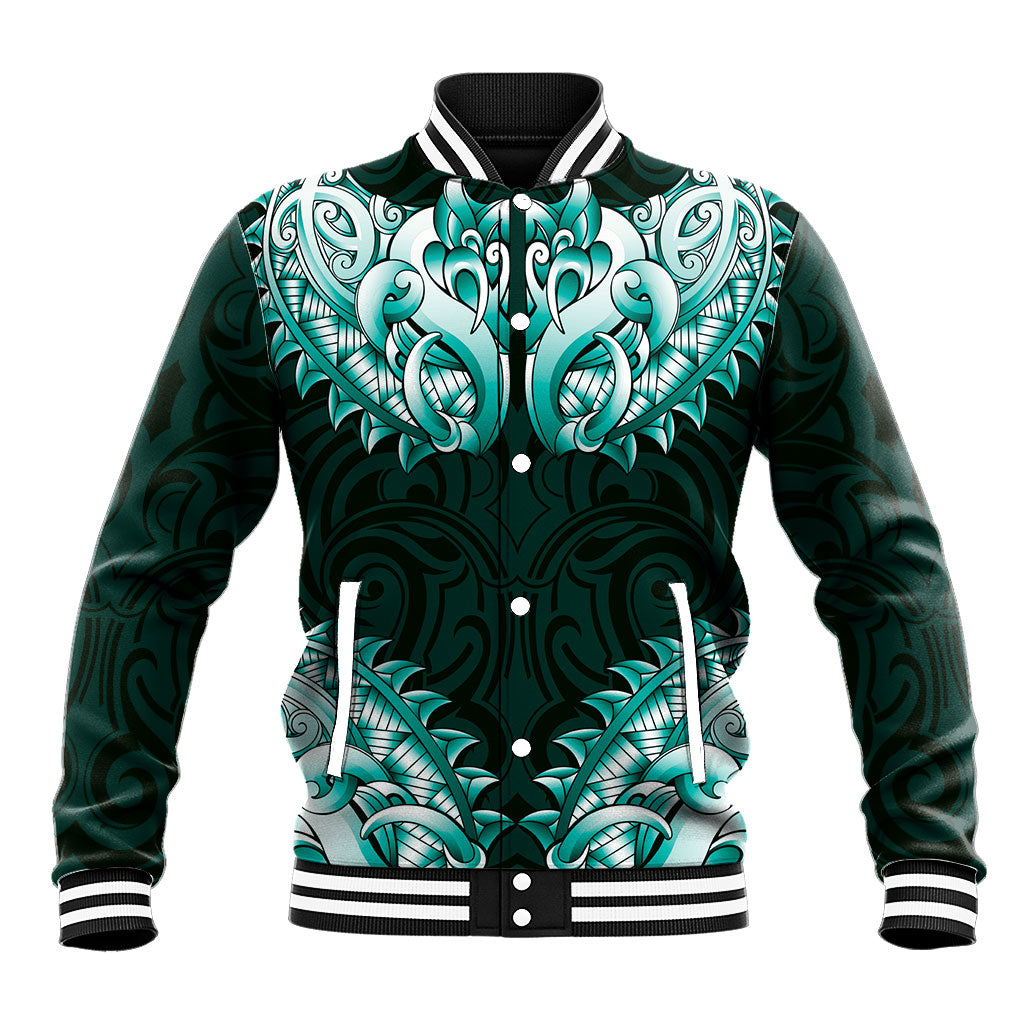 New Zealand Ta Moko Baseball Jacket Aotearoa Maori Chest Tattoo Turquoise LT14 Unisex Turquoise - Polynesian Pride