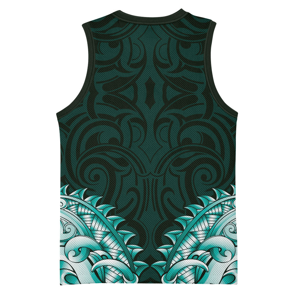 New Zealand Ta Moko Basketball Jersey Aotearoa Maori Chest Tattoo Turquoise LT14 - Polynesian Pride
