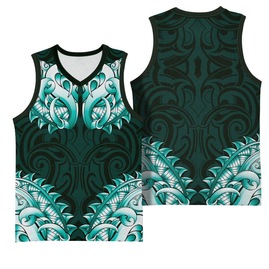 New Zealand Ta Moko Basketball Jersey Aotearoa Maori Chest Tattoo Turquoise LT14 - Polynesian Pride