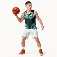 New Zealand Ta Moko Basketball Jersey Aotearoa Maori Chest Tattoo Turquoise LT14 - Polynesian Pride