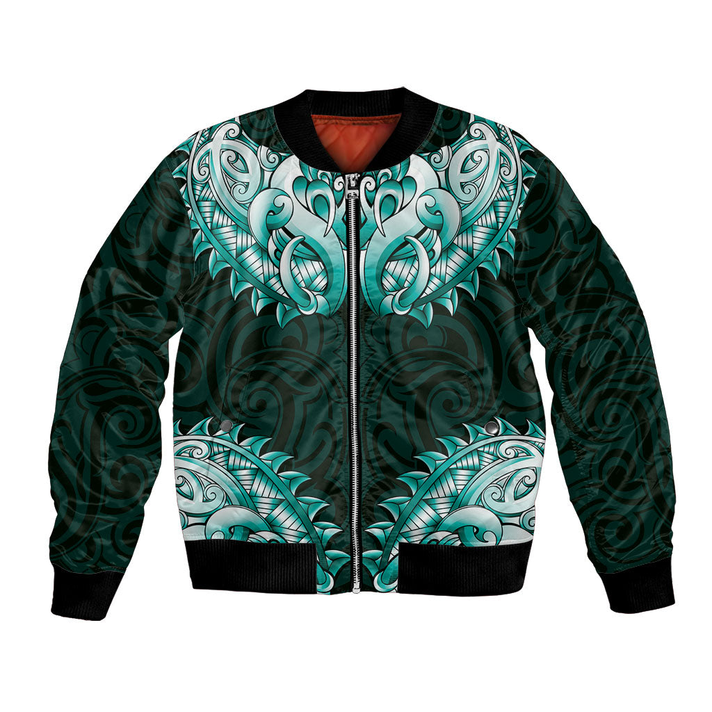 New Zealand Ta Moko Bomber Jacket Aotearoa Maori Chest Tattoo Turquoise LT14 Unisex Turquoise - Polynesian Pride
