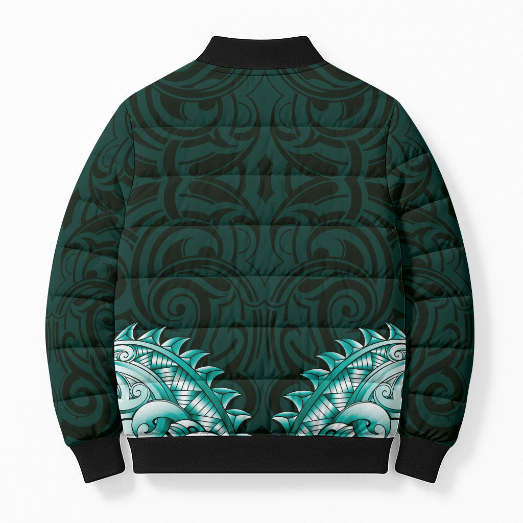 New Zealand Ta Moko Bomber Puffer Jacket Aotearoa Maori Chest Tattoo Turquoise LT14 - Polynesian Pride