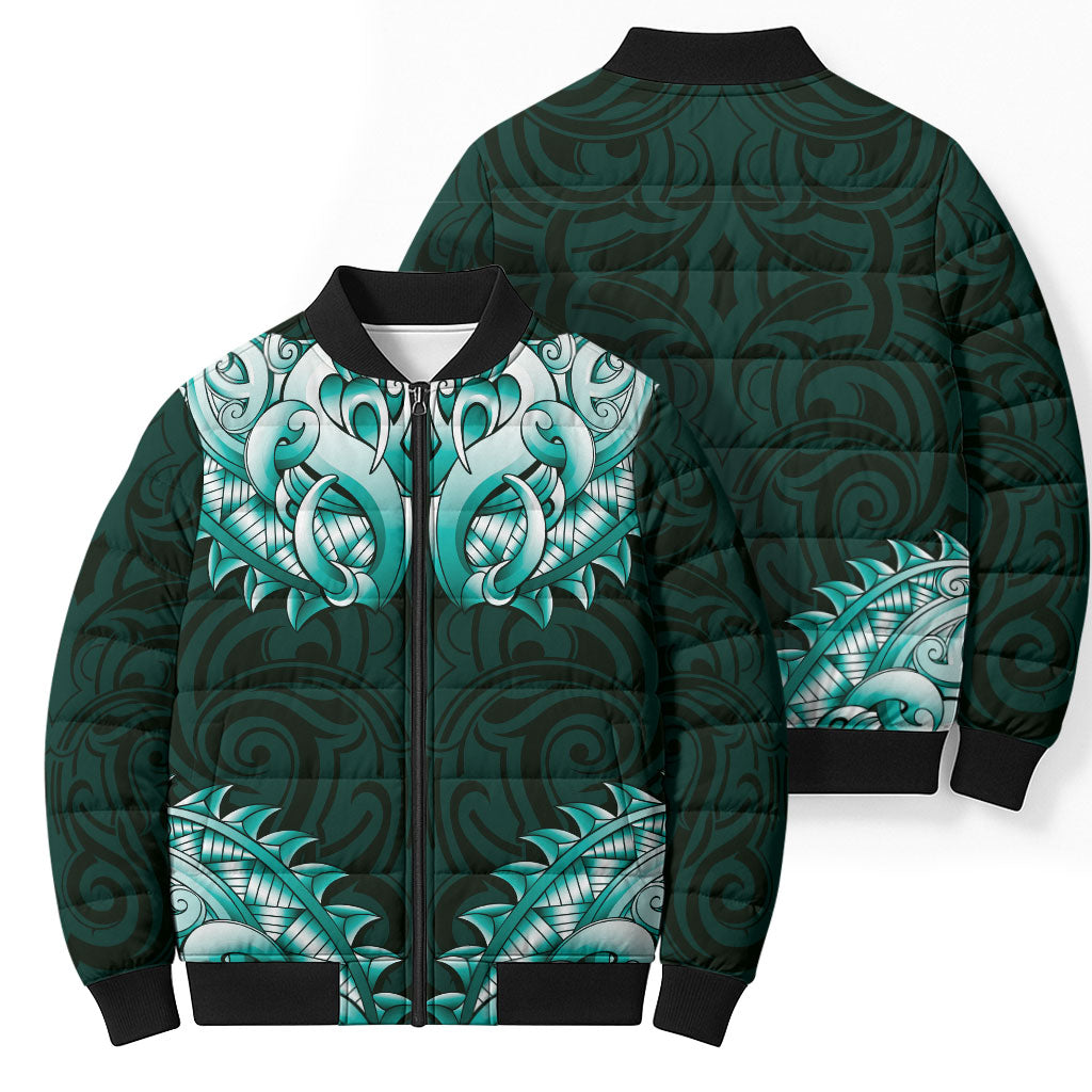 New Zealand Ta Moko Bomber Puffer Jacket Aotearoa Maori Chest Tattoo Turquoise LT14 - Polynesian Pride