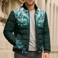 New Zealand Ta Moko Bomber Puffer Jacket Aotearoa Maori Chest Tattoo Turquoise LT14 - Polynesian Pride