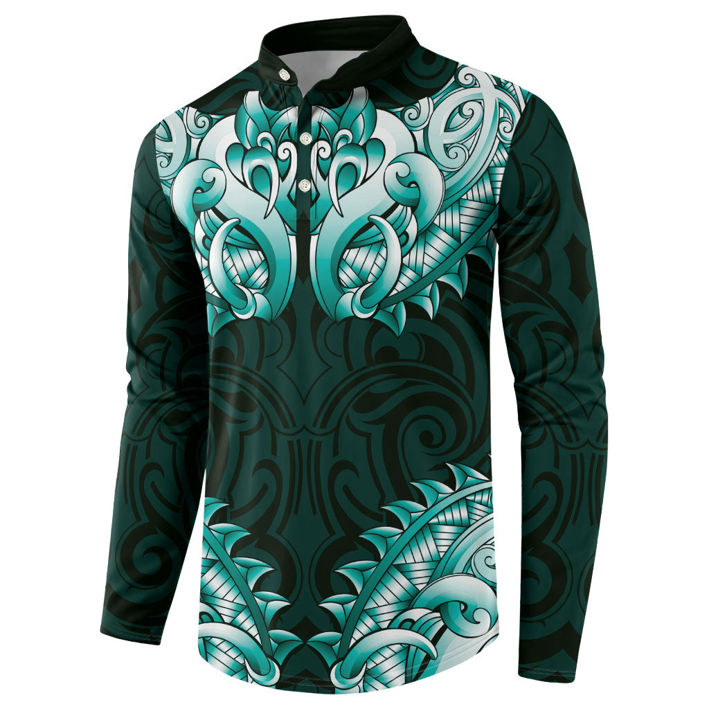 New Zealand Ta Moko Button Sweatshirt Aotearoa Maori Chest Tattoo Turquoise LT14 - Polynesian Pride