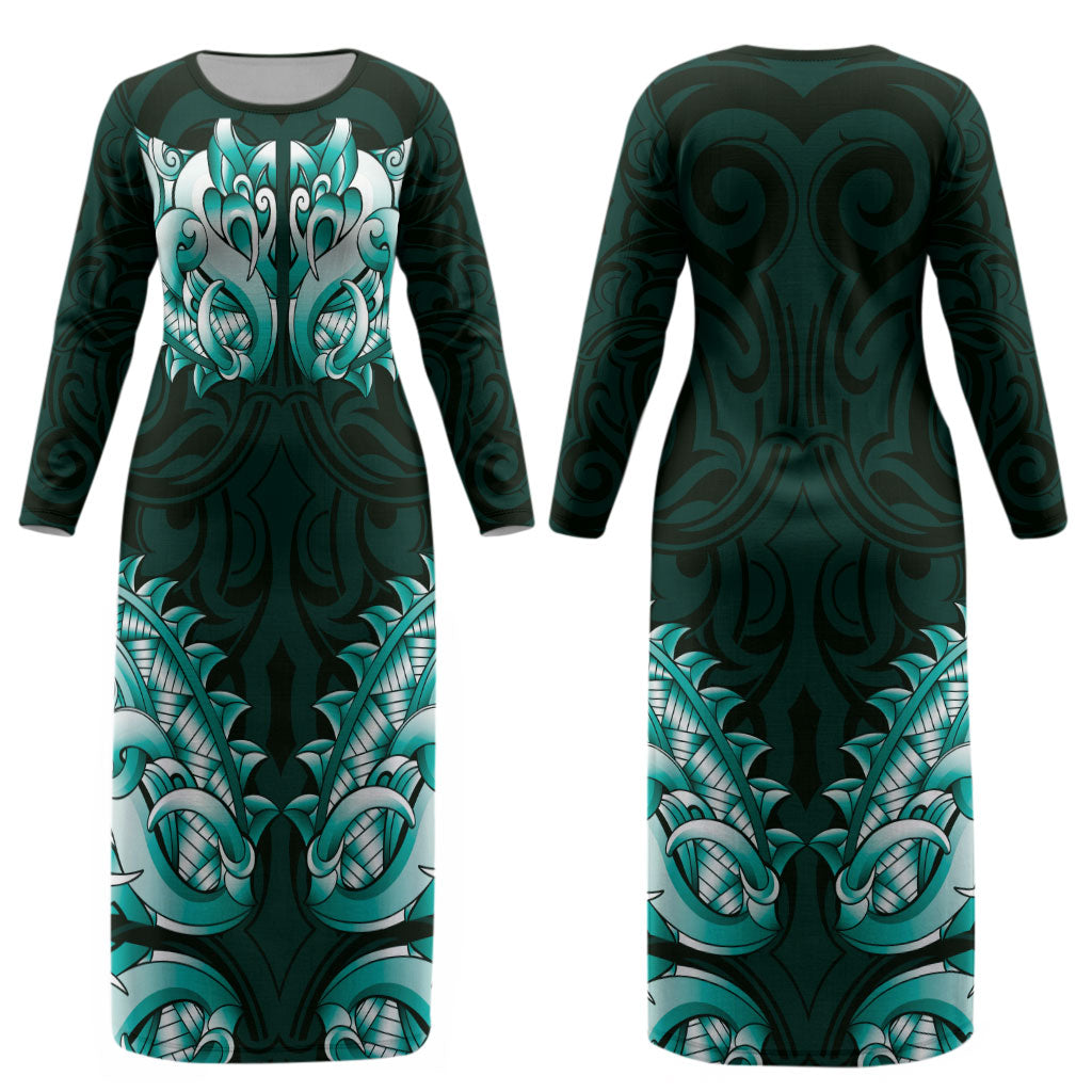 New Zealand Ta Moko Couples Matching Long Sleeve Bodycon Dress and Long Sleeve Button Shirt Aotearoa Maori Chest Tattoo Turquoise LT14 - Polynesian Pride