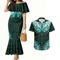 New Zealand Ta Moko Couples Matching Mermaid Dress and Hawaiian Shirt Aotearoa Maori Chest Tattoo Turquoise LT14 Turquoise - Polynesian Pride