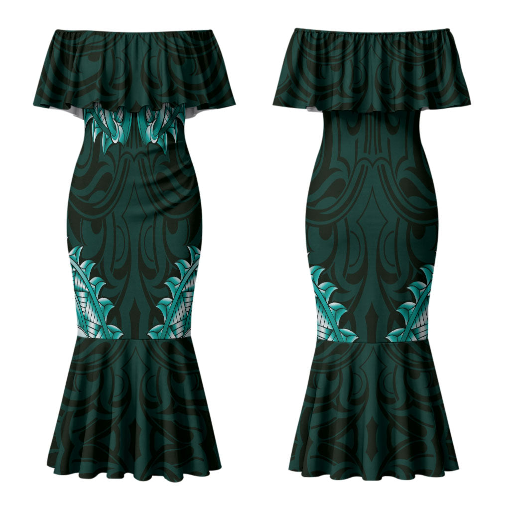 New Zealand Ta Moko Couples Matching Mermaid Dress and Long Sleeve Button Shirt Aotearoa Maori Chest Tattoo Turquoise LT14 - Polynesian Pride
