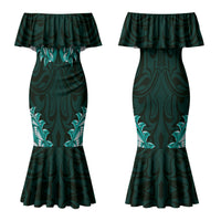 New Zealand Ta Moko Couples Matching Mermaid Dress and Long Sleeve Button Shirt Aotearoa Maori Chest Tattoo Turquoise LT14 - Polynesian Pride