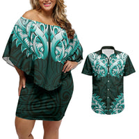 New Zealand Ta Moko Couples Matching Off Shoulder Short Dress and Hawaiian Shirt Aotearoa Maori Chest Tattoo Turquoise LT14 Turquoise - Polynesian Pride