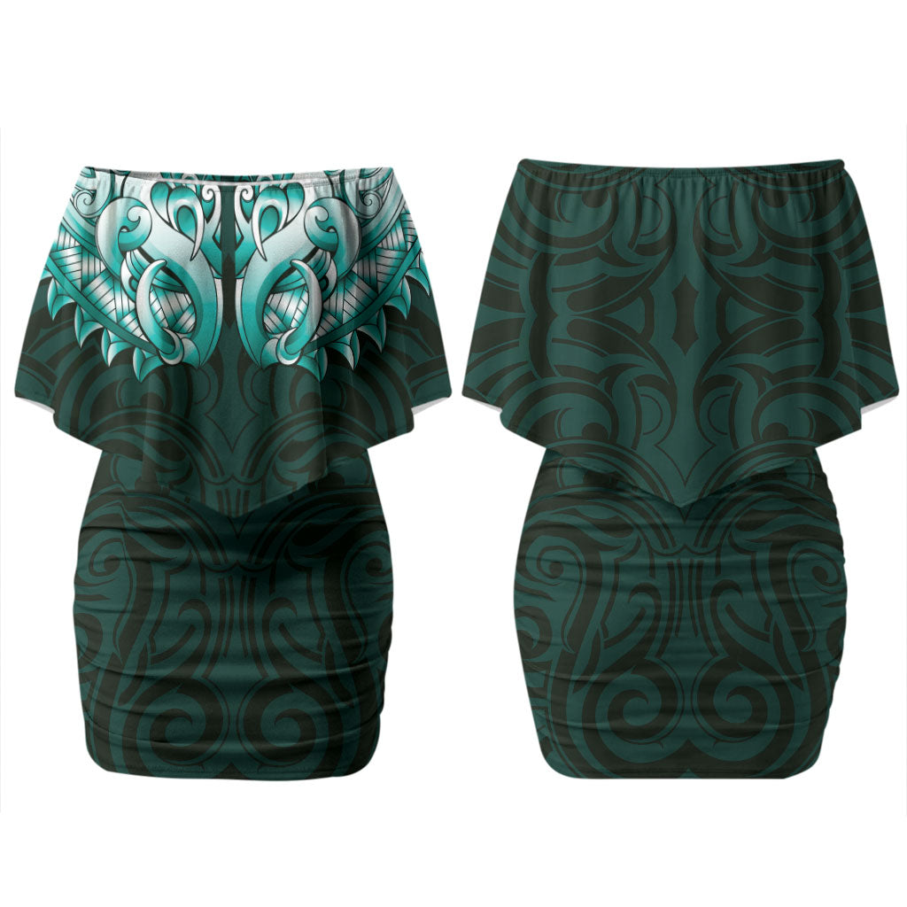 New Zealand Ta Moko Couples Matching Off Shoulder Short Dress and Hawaiian Shirt Aotearoa Maori Chest Tattoo Turquoise LT14 - Polynesian Pride