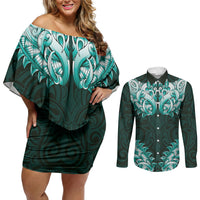 New Zealand Ta Moko Couples Matching Off Shoulder Short Dress and Long Sleeve Button Shirt Aotearoa Maori Chest Tattoo Turquoise LT14 Turquoise - Polynesian Pride