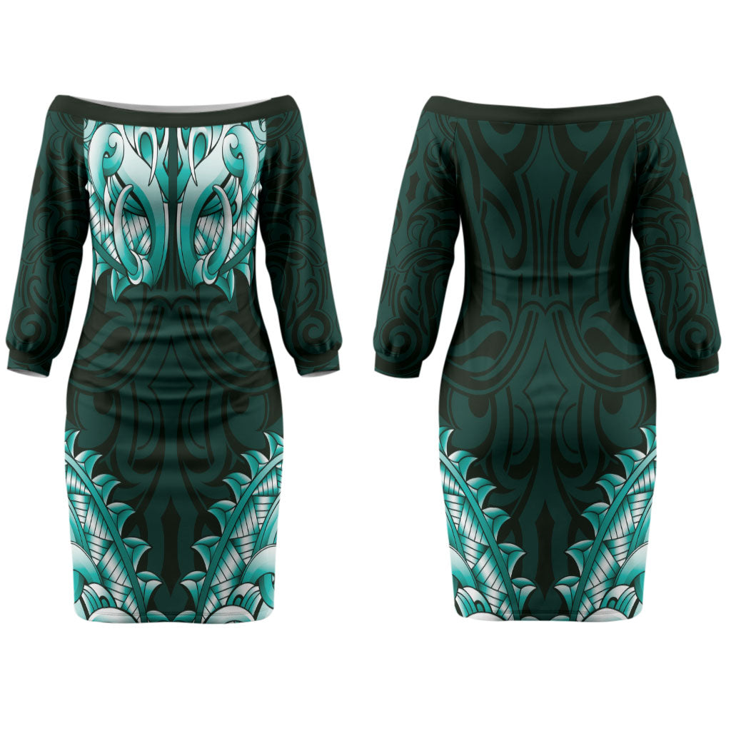 New Zealand Ta Moko Couples Matching Off The Shoulder Long Sleeve Dress and Long Sleeve Button Shirt Aotearoa Maori Chest Tattoo Turquoise LT14 - Polynesian Pride