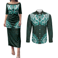 New Zealand Ta Moko Couples Matching Puletasi and Long Sleeve Button Shirt Aotearoa Maori Chest Tattoo Turquoise LT14 Turquoise - Polynesian Pride