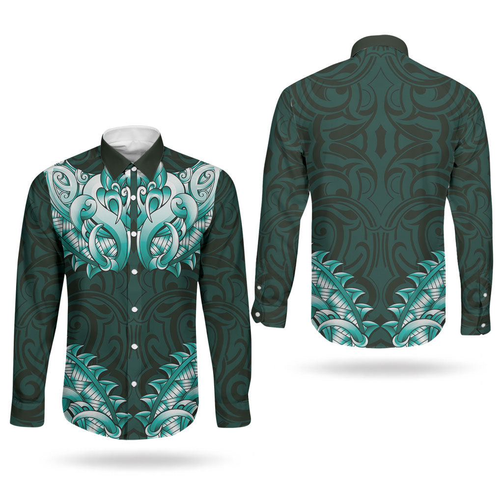New Zealand Ta Moko Couples Matching Summer Maxi Dress and Long Sleeve Button Shirt Aotearoa Maori Chest Tattoo Turquoise LT14 - Polynesian Pride