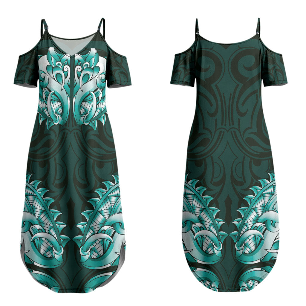 New Zealand Ta Moko Couples Matching Summer Maxi Dress and Long Sleeve Button Shirt Aotearoa Maori Chest Tattoo Turquoise LT14 - Polynesian Pride