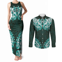 New Zealand Ta Moko Couples Matching Tank Maxi Dress and Long Sleeve Button Shirt Aotearoa Maori Chest Tattoo Turquoise LT14 Turquoise - Polynesian Pride