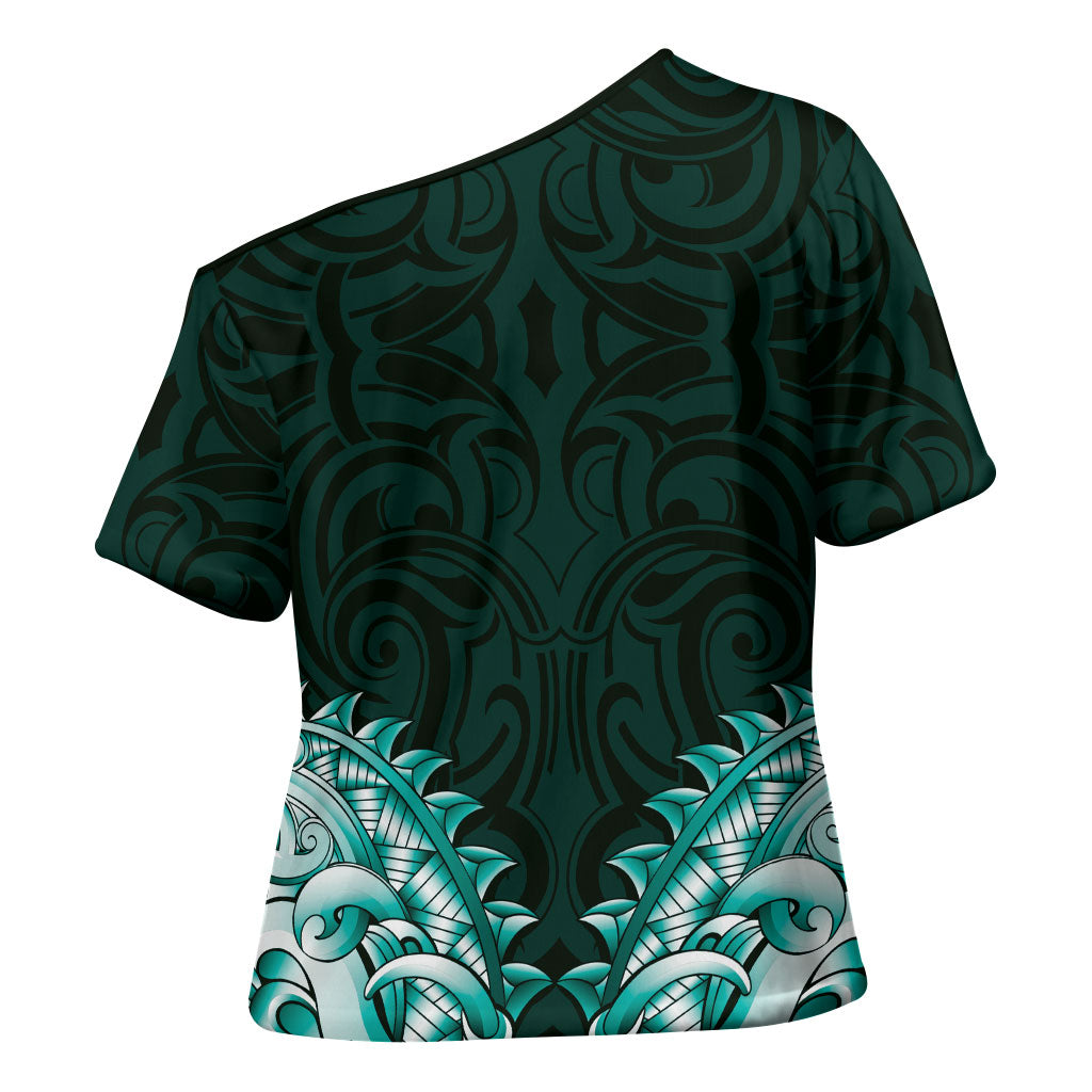New Zealand Ta Moko Cross Shoulder Shirt Aotearoa Maori Chest Tattoo Turquoise LT14 - Polynesian Pride