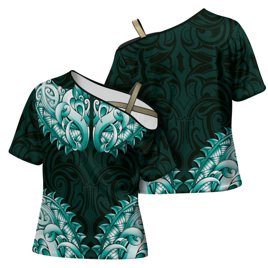 New Zealand Ta Moko Cross Shoulder Shirt Aotearoa Maori Chest Tattoo Turquoise LT14 - Polynesian Pride