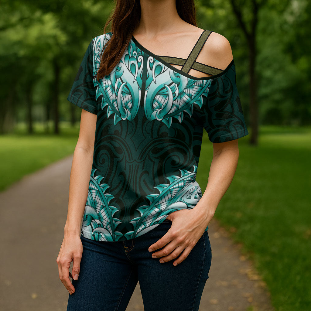 New Zealand Ta Moko Cross Shoulder Shirt Aotearoa Maori Chest Tattoo Turquoise LT14 - Polynesian Pride